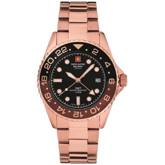 Swiss Alpine Military Swiss Watch GMT Diver Mens Watch- Rose Gold- 42mm 7052.1164 - male - Swiss Alpine Military - Watches - Black - ONE SIZE - Accessories