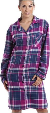 Camille Ladies Long Sleeved Nightdress- Womens Nightwear - Nightie with Button Front Fastening Navy Checkered 8-10