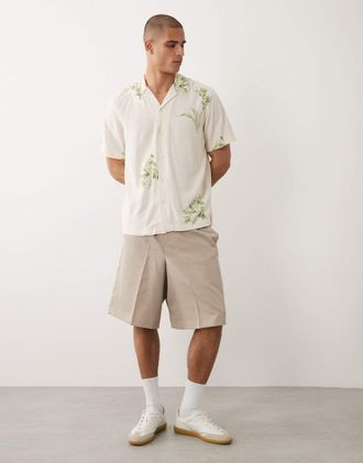 Selected Camicia a maniche corte color crema con stampa a fiori-Bianco