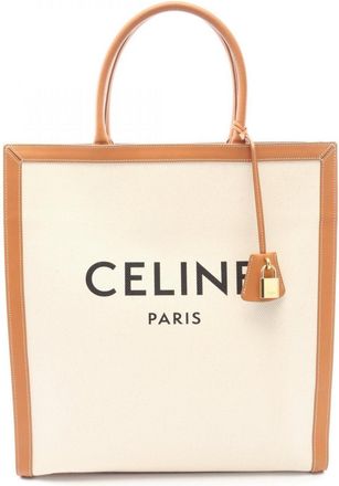 Celine Brown Ivory Canvas Leather Handbag Tote Bag (Pre-Owned)