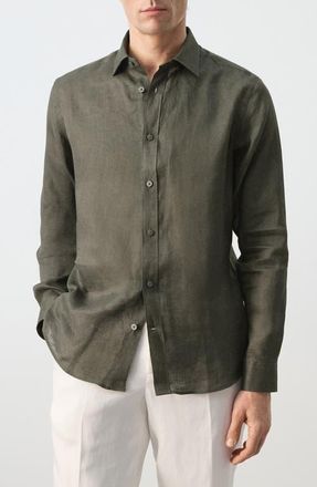 Mango x Casper Ruud Regular Fit Linen Button-Up Shirt in Medium Green at Nordstrom, Size X-Small