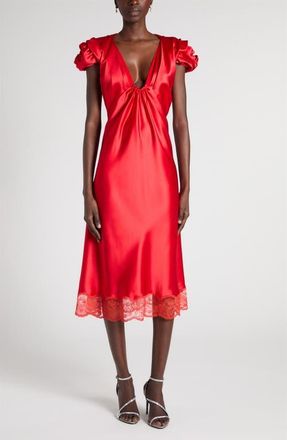 Alexander McQueen Rosette Sleeve Satin Cocktail Dress in Flame Red at Nordstrom, Size 42