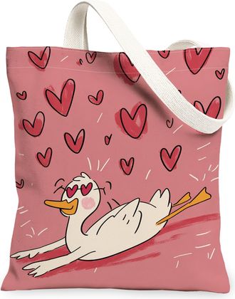 Generic Heart Pattern Canvas Tote Bags, Cute Duck Design Reusable Grocery Bags, Spring Fun Fanciful Lightweight Washable Shoulder S, Peach, 13x15 Inch