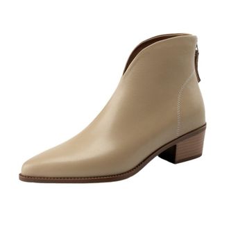 Generic Womens Pointed Closed Toe PU Leather Ankle Boots With Side Zipper Low Chunky Block Heels Smooth Texture Sturdy Outsole Soft Inner Lining,Khaki,3.5 UK