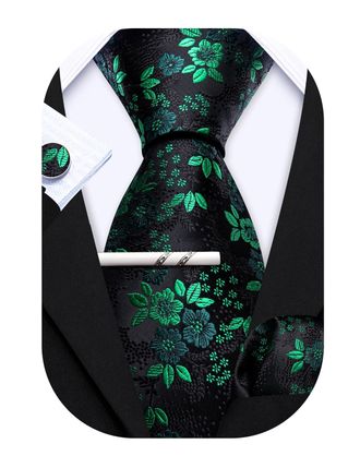 Barry.Wang Mens Ties Set Silk Floral Paisley Necktie Pocket Square Cufflinks Clip 4PCS Set Business Wedding Party Work for Men Tie