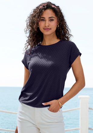 Vivance Kurzarmshirt VIVANCE mit modischem Jacquard-Muster, Damen, Gr. 32/34, blau (navy), Single Jersey, Obermaterial: 63% Polyester, 29% Viskose, 8% Elastha
