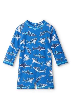 Hatley Patterned Sharks Long Sleeve One-Piece Rashguard Swimsuit in Daphne at Nordstrom, Size 18-24M