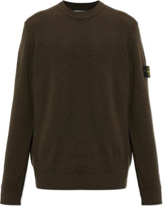 Stone Island Wol trui met patch op mouw - Heren - Ronde hals truien - Bruin - M - Wol - Truien & Vesten