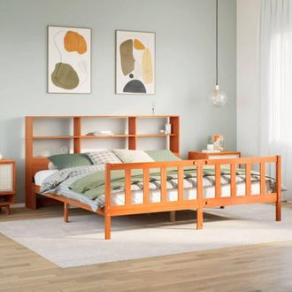 vidaXL Cama Con Estanter&iacute;a Sin Colch&oacute;n Madera Maciza Marr&oacute;n 200x200 Cm Vidaxl