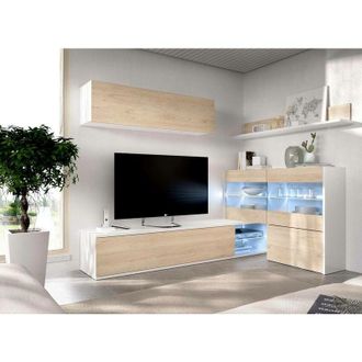 Dmora Dmora - Mueble De Pared Adams, Conjunto Modular De Sal&oacute;n Esquinero, Mueble De Sal&oacute;n Multiposici&oacute;n Con Luz Led, 260x41h180 Cm, Roble Y Blanco
