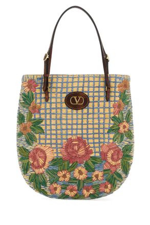 Valentino Garavani Beige Embroidered-raffia V-logo Shoulder Bag