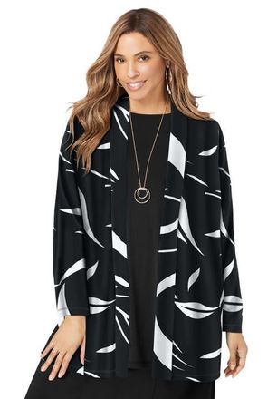 Jessica London Stretch Knit Open Front Knit Topper in Black Abstract Petal at Nordstrom, Size Large