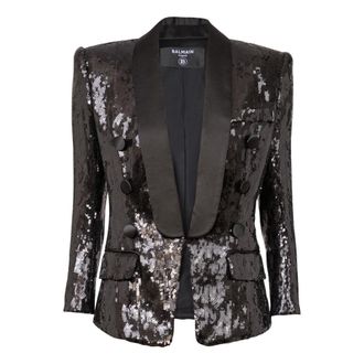 Balmain Chaqueta entallada con cuello en V de sat&eacute;n brillante - Jackets - Mujer - Negro - S