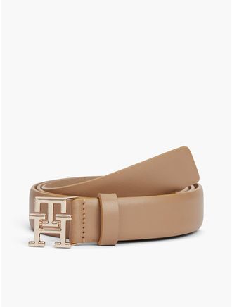 Tommy Hilfiger Womens Monogram Buckle Smooth Leather Belt - Safari Canvas - 40