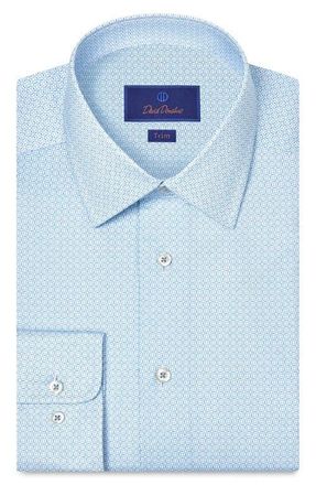 David Donahue Trim Fit Geometric Print Cotton Dress Shirt in Sky at Nordstrom, Size 16.5 - 34