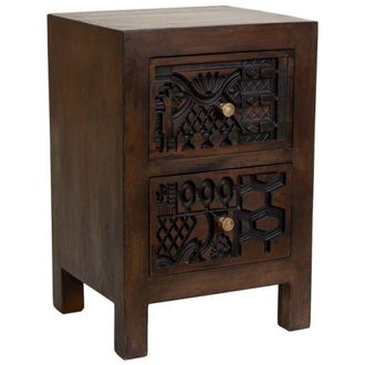Wanderlust Deco Mesita de noche de madera tallada artesanal marr&oacute;n 40x35x60 alt. cm
