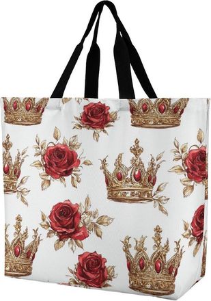Generic Crowned Rose Large Reusable Shopping Bag Lightweight Foldable Tote Bags Washable Shoulder Handbag