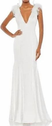 Mac Duggal Satin Feather Shoulder V-Neck Gown In White