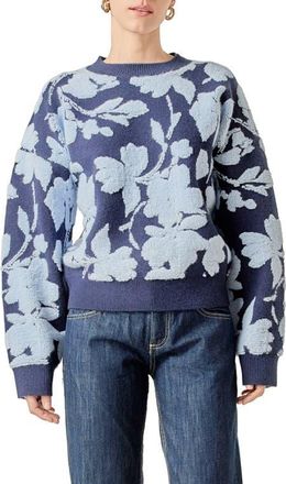 English Factory Fuzzy Flower Sweater in Navy/Powder Blue at Nordstrom, Size X-Small