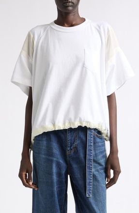 sacai Oversize Satin & Cotton Jersey T-Shirt in White/off White at Nordstrom, Size 4