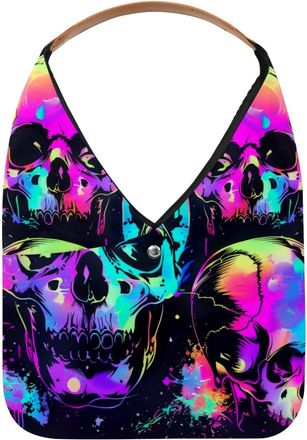 Generic Neon Splash Skulls Reusable Lightweight Grocery Bags - Foldable Into Compact Pouch, Washable & Sturdy, Multipurpose for Shopping and Travel