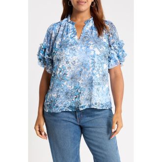 Sugarlips Tierra Endry Ruffle Floral Top in Blues at Nordstrom, Size 3X