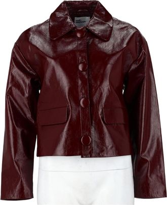 Self Portrait Burgundy Glossy Covered-Button Leather Jacket