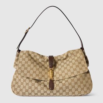 Gucci Large Crossbody Bag With Piston Closure, Beige, GG Canvas