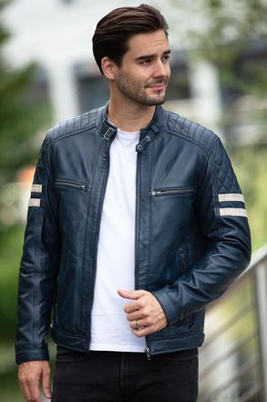 Ashwood Leather Mens Nova Contrasting Stripe Biker Jacket - Navy - Size 4XL