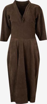 Christophe Lemaire Schmales Nubukleder-Midikleid mit V-Ausschnitt