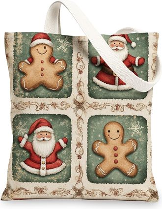 Generic Vintage Christmas Gingerbread man Canvas Tote Bag for Shopping 13x15, Kid Xmas Candy Santa Reusable Grocery Print Pattern Bag for Women Men, Holiday N