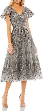 Mac Duggal Embellished Butterfly Fit and Flare Tea-Length Dress in Gunmetal at Nordstrom, Size 14