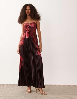Abercrombie & Fitch Vestito lungo pliss&eacute; senza spalline rosa a fiori con dettaglio stile foulard