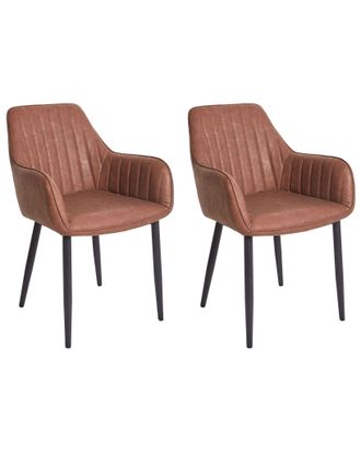 Beliani Conjunto De 2 Sillas De Comedor De Piel Sint&eacute;tica Moderno Costuras Verticales Patas De Metal Marr&oacute;n Wellston