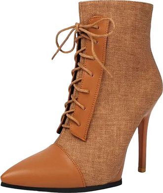 Generic Womens Party Ankle Boots Pointed Toe High Square Heel With Side Zipper And Front Lace Up Color Block Design
