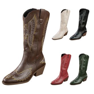 Generic Womens Western Mid-Calf Cowboy Boots with Floral Embroidered, Ladies Pointed Toe Chunky Heel Slip on Retro Tall Boots Classic Pull On Design Western F