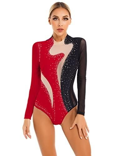 TiaoBug Femme Justaucorps Gymnastique Strass Manches Longues Léotard