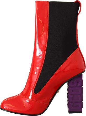 GCDS Red Leather Black Fabric Logo Heel Ankle Boots Womens Shoes (Pre-Owned)
