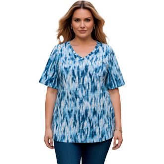 Roaman's Plus Size Slub V-Neck Boyfriend Tunic Top in Pale Blue Textured Ikat at Nordstrom, Size Medium