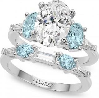 Allurez Oval Lab Grown Diamond & Aquamarine Bridal Set in Platinum (4.65ct)