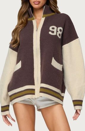 Edikted 98 Varsity Zip Sweater in Brown at Nordstrom, Size X-Small