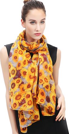 Lina & Lily Sunflower Floral Print Womens Scarf Shawl Wrap Lightweight (Gold & Grey)