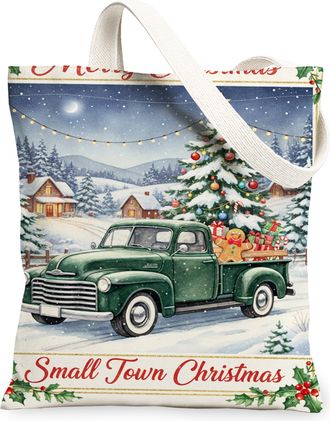 Generic Christmas Truck Canvas Tote Bags, Holiday Farmhouse Design Reusable Grocery Bags, Winter Rustic Lightweight Washable for Sh, Green, 13x15 Inch