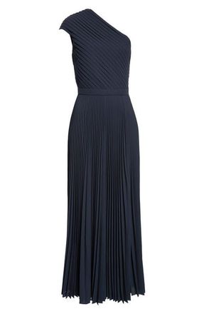 Michael Kors Pleated Georgette One-Shoulder Gown in Midnight at Nordstrom, Size 10