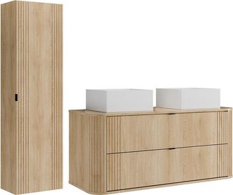 Vente-Unique Mueble de ba&ntilde;o suspendido con doble lavabo sobre encimera cuadrado y columna - Natural claro - 120 cm - FILOR