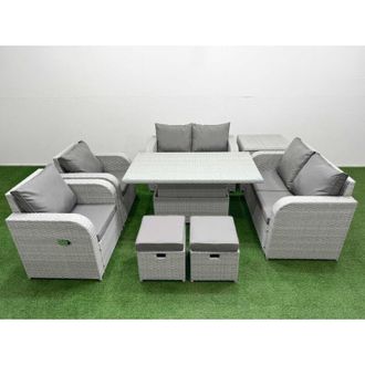 Fimous 8 Seater Outdoor Reclining Chair Love Sofa Set Rattan Garden Furniture Set with Adjustable Lifting Dining or Coffee Table 2 Stools Light Grey - Fimous