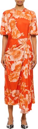 Erdem Floral Draped Midi Dress With Gathered Waist Detail