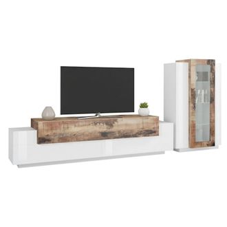Dmora Mueble De Sal&oacute;n Modular, Made In Italy, Con Luz Led Blanca, Mueble Para Tv Y Vitrina, Conjunto De Sal&oacute;n Moderno, 290x45h121 Cm, Blanco Brillante Y Col