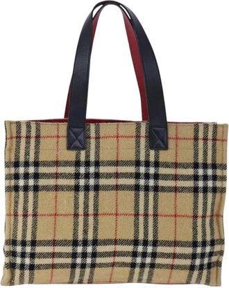 Burberry Pre-owned Tote Bags, female, Beige, Size: ONE SIZE Pre-owned Vintage Check Wool Blend Tote Bag