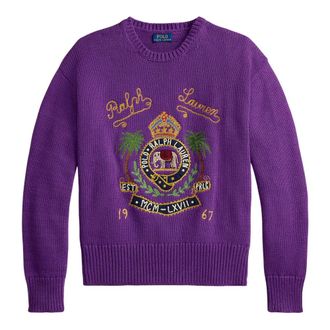Ralph Lauren Round-neck Knitwear, male, Purple, Size: L Cable-knit Embroidered Sweater